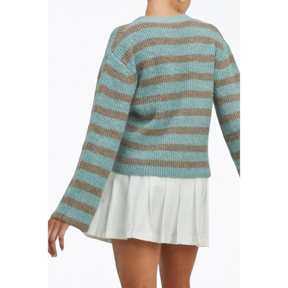 NEW VANILLA MONKEY cropped high-low striped cardigan in sky blue/grey - Picture 3 of 3